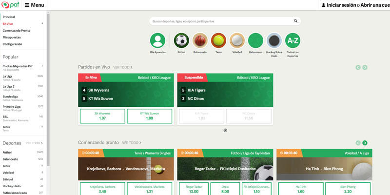 Apuestas deportivas online en Paf